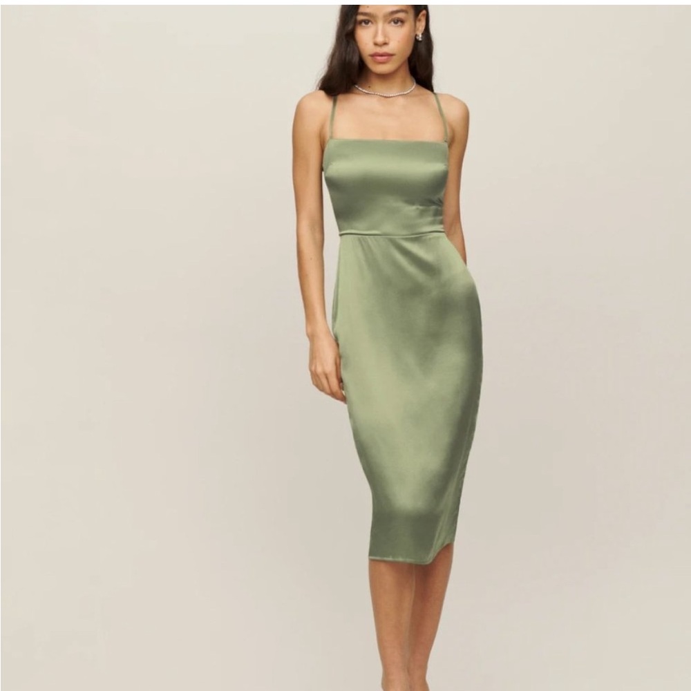 SOLD!! NWT Reformation Oaklie Artichoke Green Silk Dress Size 6